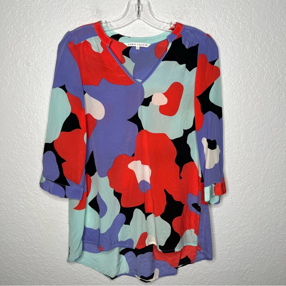 Annie Griffin Floral Silk Blouse Split V Neck
